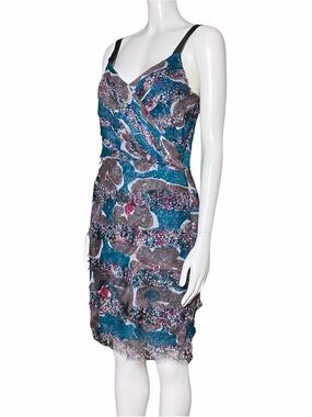 Walter Vintage Y2K 100% Silk Teal Fairy Grunge Raw Edge Mini Dress Size 2